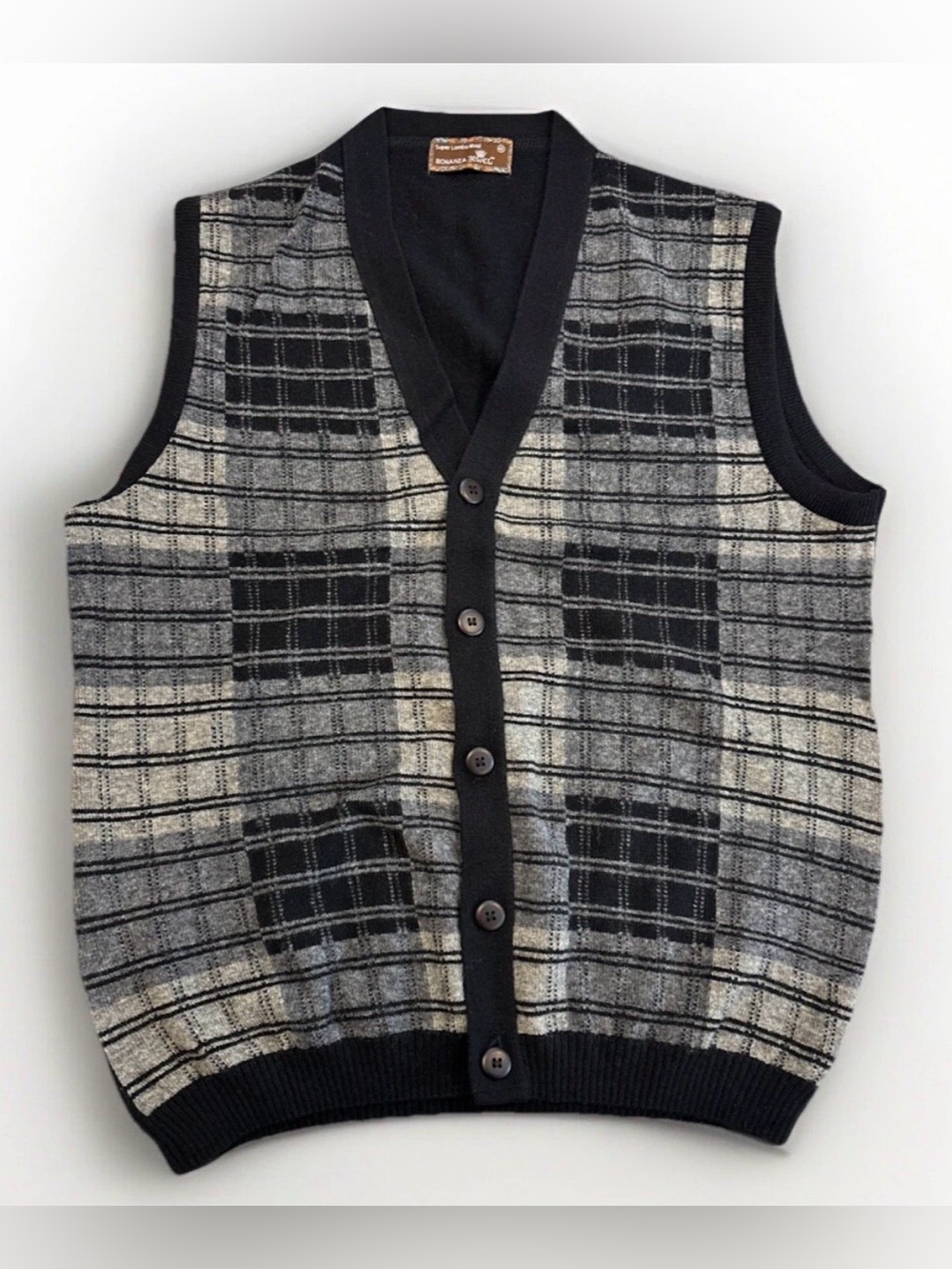 Vintage Wool Vest Tartan Super Lambs Bonanza Jewel Size 42 Buttons Sweater Vest